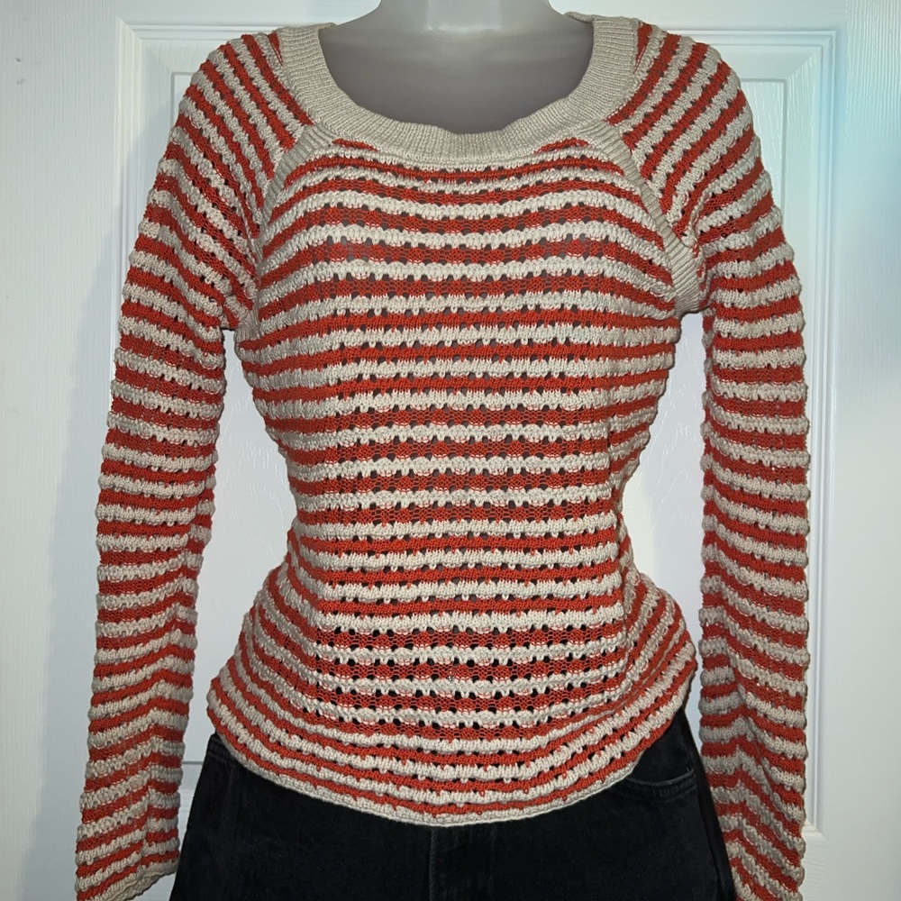Loft Striped Slouchy Oversized Cropped Chunky Knit Sweater Orange Cream